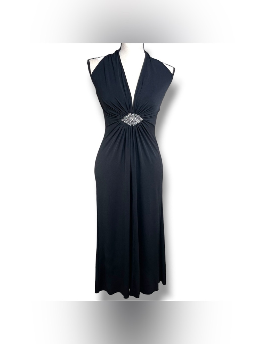 VTG Luly K Halter Formal Black Long Maxi Dress Deep V Neck Y2K Coquette Glam, S